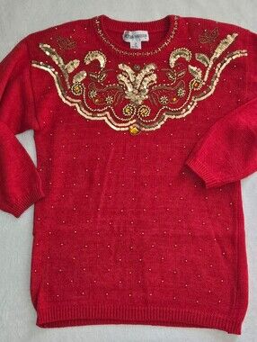 Victoria Harbour Vntg 80's Red Gold Embrllished Beads Sequin Crewneck Sweater S